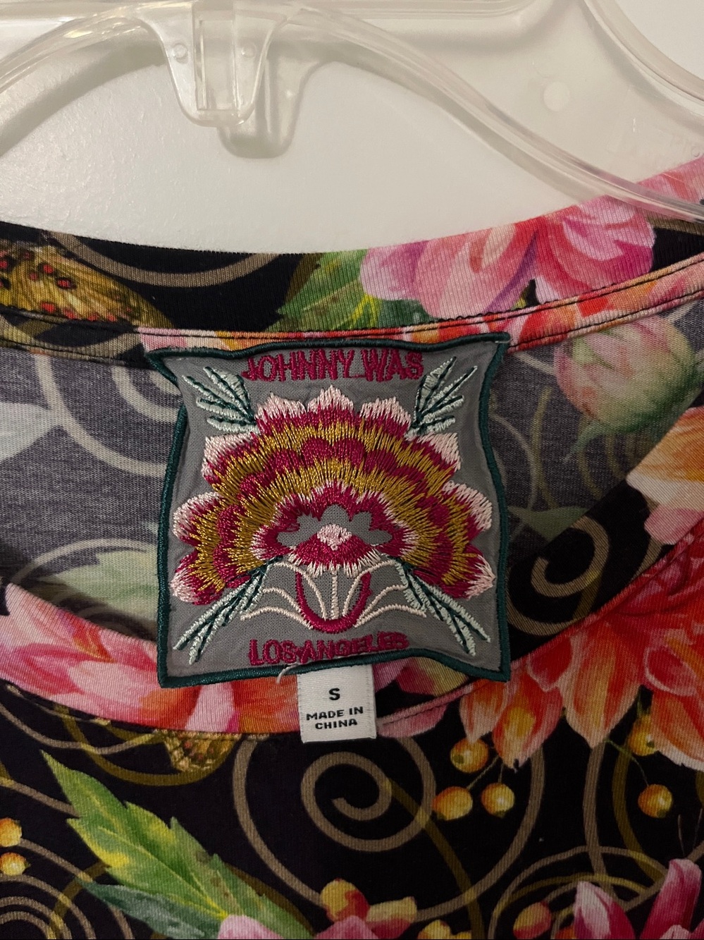 Johnny Was Black Floral Scoop Neck Top with Pink & Green Accents - Picture 3 of 4